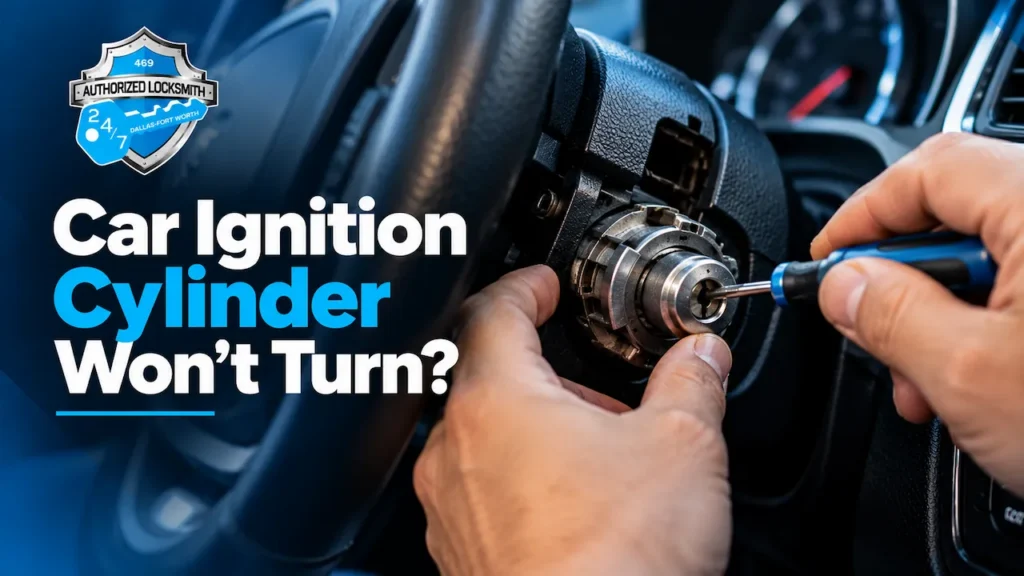 Professional automotive locksmith repairing a car ignition cylinder that won't turn, providing ignition lock repair services in Dallas, TX.