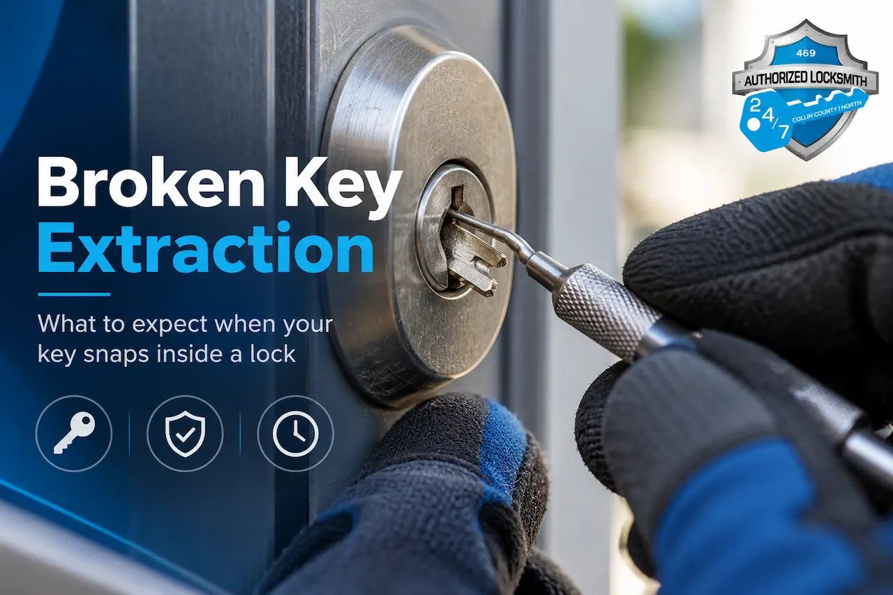Locksmith performing broken key extraction from a door lock using a professional extraction tool